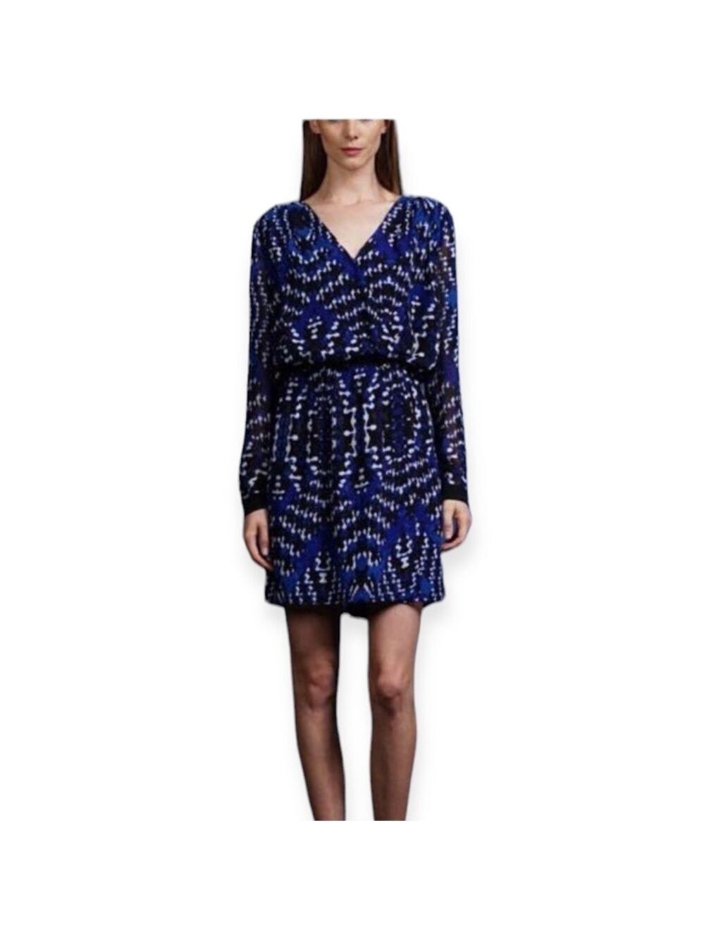 Adelyn Rae Faux Wrap Print Shirt Dress Size M Blue Black Open T Back